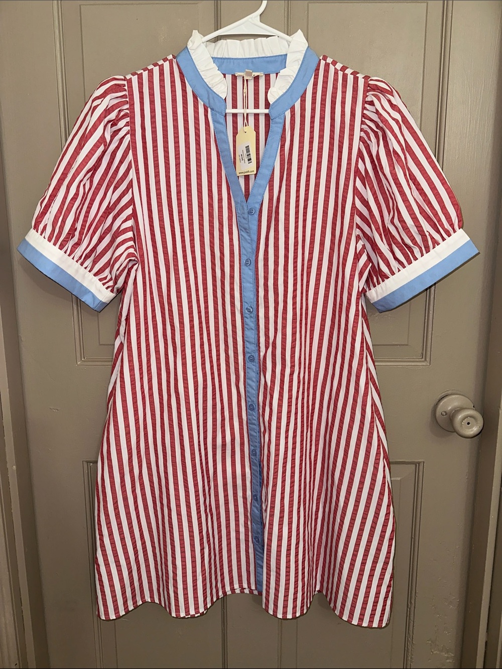 Jodifl Red White Striped Puff Sleeve Dress Blue Trim Large NWT